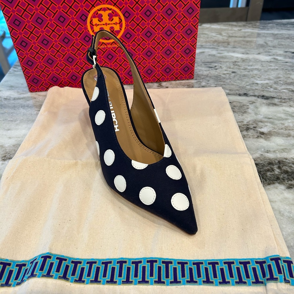 Tory Burch Blue and White Polka Dot Heels - fits size 8.5